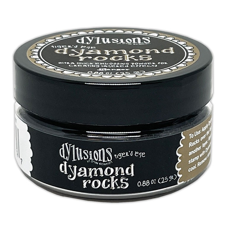 Tiger's Eye (metallic cool brown, coffee brown)  Dyamond Rocks ... Dylusions by Dyan Reaveley and Ranger Ink. Jar of Ultra Thick Embossing Powder used to create dimension and shaped layers with a smooth, 3-dimensional raised layer with an enamel-like finish. Use with junk journals, book covers, ornaments, decorations, off-the-page creativity, scrapbooks, greeting cards, mixed media, visual sculptured artwork and more. Photo of the jar.