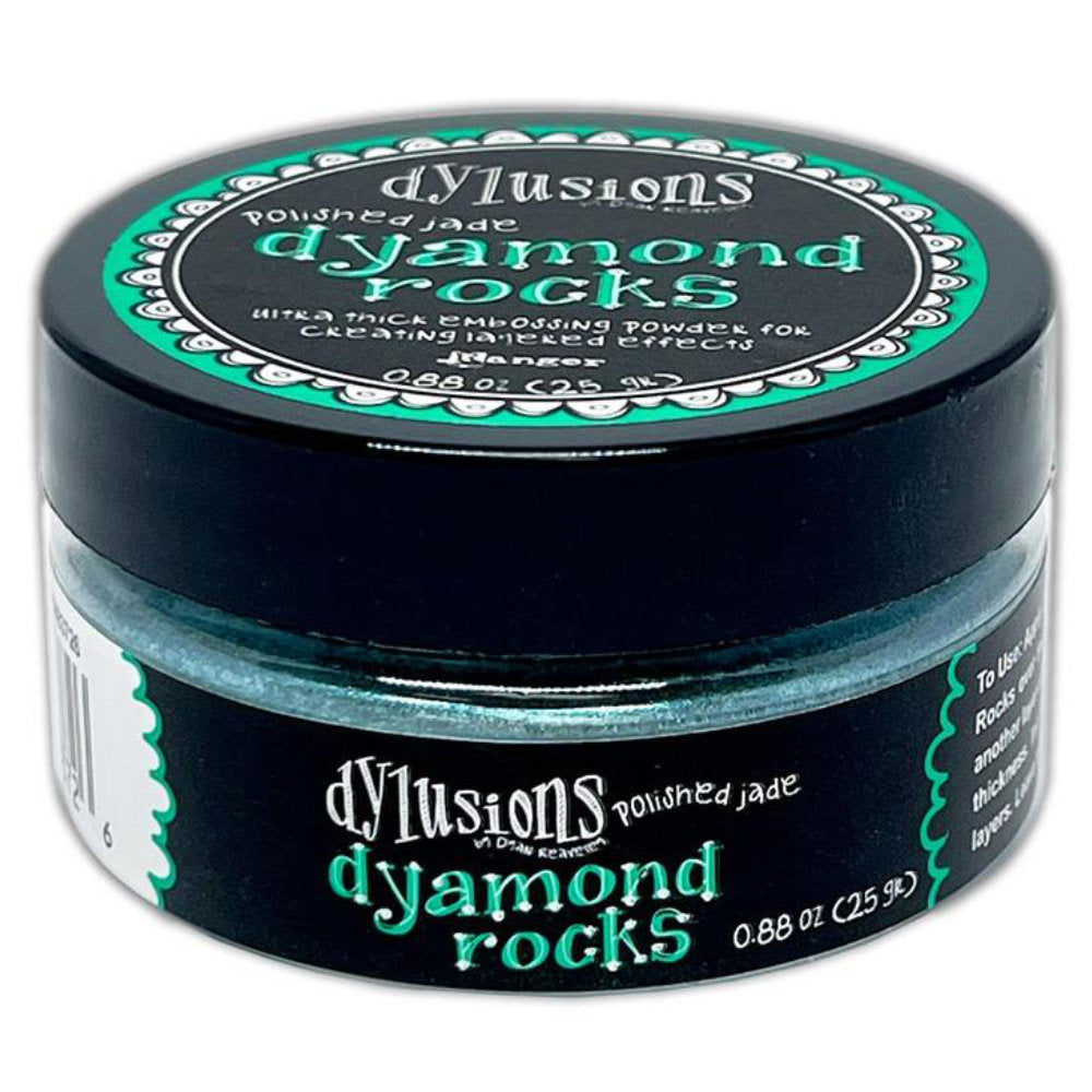 This photo is of Polished Jade (blue green) Dyamond Rocks ... Dylusions by Dyan Reaveley and Ranger Ink. Jar of Ultra Thick Embossing Powder used to create dimension and shaped layers with a smooth, 3-dimensional raised layer with an enamel-like finish. Use with junk journals, book covers, ornaments, decorations, off-the-page creativity, scrapbooks, greeting cards, mixed media, visual sculptured artwork and more. Photo of the jar.