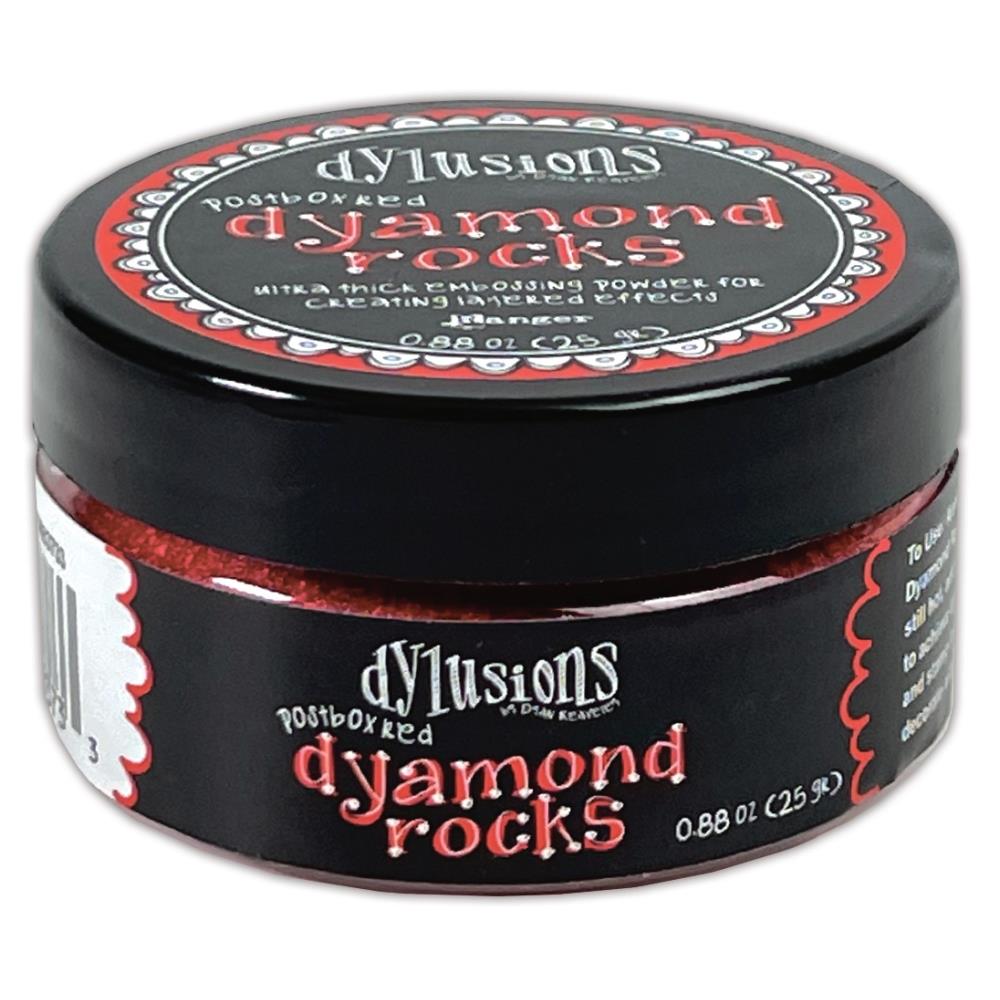 Postbox Red (primary red) Dyamond Rocks ... Dylusions by Dyan Reaveley and Ranger Ink. Jar of Ultra Thick Embossing Powder used to create dimension and shaped layers with a smooth, 3-dimensional raised layer with an enamel-like finish. Use with junk journals, book covers, ornaments, decorations, off-the-page creativity, scrapbooks, greeting cards, mixed media, visual sculptured artwork and more. Photo of the jar.