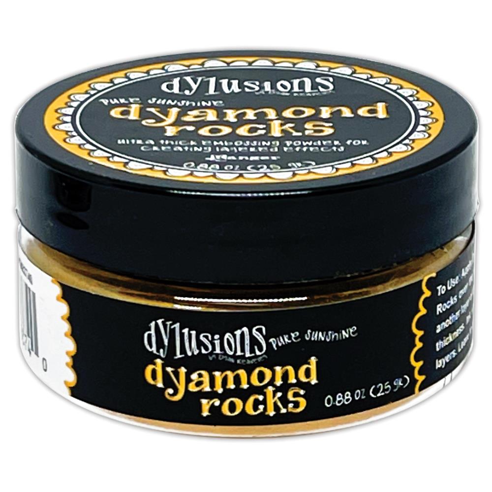 Pure Sunshine (sun yellow)  Dyamond Rocks ... Dylusions by Dyan Reaveley and Ranger Ink. Jar of Ultra Thick Embossing Powder used to create dimension and shaped layers with a smooth, 3-dimensional raised layer with an enamel-like finish. Use with junk journals, book covers, ornaments, decorations, off-the-page creativity, scrapbooks, greeting cards, mixed media, visual sculptured artwork and more. Photo of the jar.