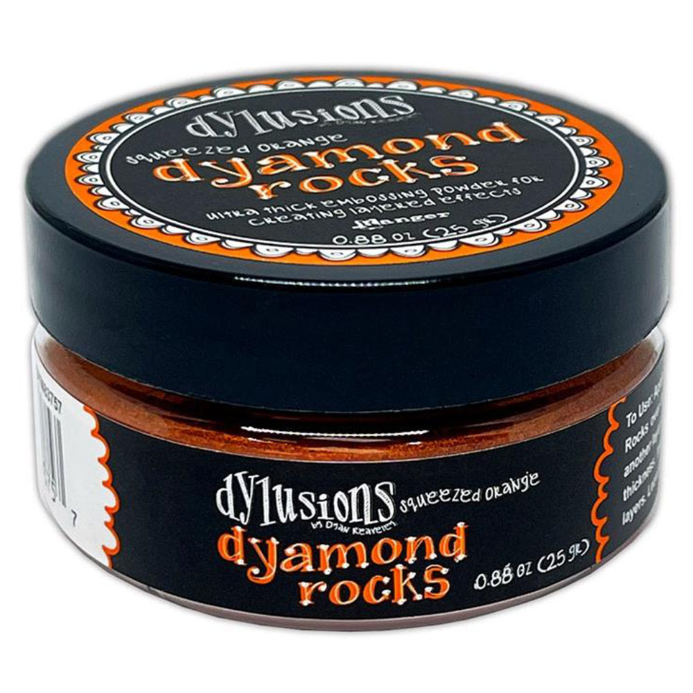 Squeezed Orange (bright orange) Dyamond Rocks ... Dylusions by Dyan Reaveley and Ranger Ink. Jar of Ultra Thick Embossing Powder used to create dimension and shaped layers with a smooth, 3-dimensional raised layer with an enamel-like finish. Use with junk journals, book covers, ornaments, decorations, off-the-page creativity, scrapbooks, greeting cards, mixed media, visual sculptured artwork and more. Photo of the jar.