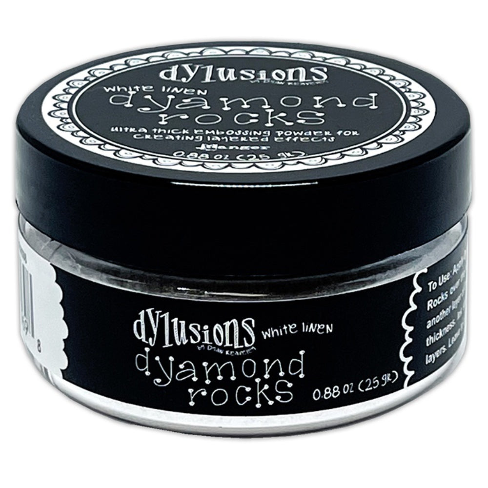 White Linen (opaque white)  Dyamond Rocks ... Dylusions by Dyan Reaveley and Ranger Ink. Jar of Ultra Thick Embossing Powder used to create dimension and shaped layers with a smooth, 3-dimensional raised layer with an enamel-like finish. Use with junk journals, book covers, ornaments, decorations, off-the-page creativity, scrapbooks, greeting cards, mixed media, visual sculptured artwork and more. Photo of the jar.