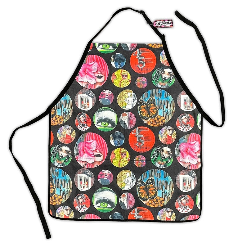 Apron ... by Dyan Reaveley's Dylusions and Ranger. Designed with the same imagery as we have seen on the Dylusions bags, Dyalog cover and accessory cases - featuring various sized circles with bold beautiful colourful artwork over a black background. Adult sized, large, made of canvas, bound with black edging and an adjustable neck strap. An excellently sized and shaped coverall for those of us with larger shaped body parts! It also features two large pockets and long straps.