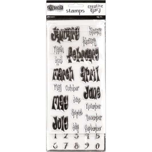 Calendar, Planner, Diary and Dyary Clear Stamps - Dylusions by Dyan Reaveley - High quality acrylic cling art stamps in a 42 (forty two) piece set with months, numbers, days in Dyan's signature typestyle plus a small acrylic block. Featuring 7 (seven) days of the week, numbers 0-9 and 12 (twelve) months of the year (January through to December), in two styles of Dyan's fantastic handwriting (elongated with dots, spots and swishes, plus bold thick thin with flair).