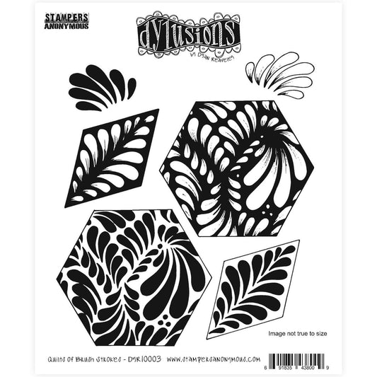 Quilts of Brush Strokes ... rubber stamp set - Dylusions by Dyan Reaveley (DYR10003). 6 (six) designs for use in mixed media, art journaling, stamping on fabrics, papercrafts, visual arts of all kinds.  These original designs by Dyan are perfect for cardmaking, journaling, creating wallart, patchwork quilting with paper or fabrics, applique, stamping an image to embroider, scrapbooking, making tags and all other kinds of arty adventures.