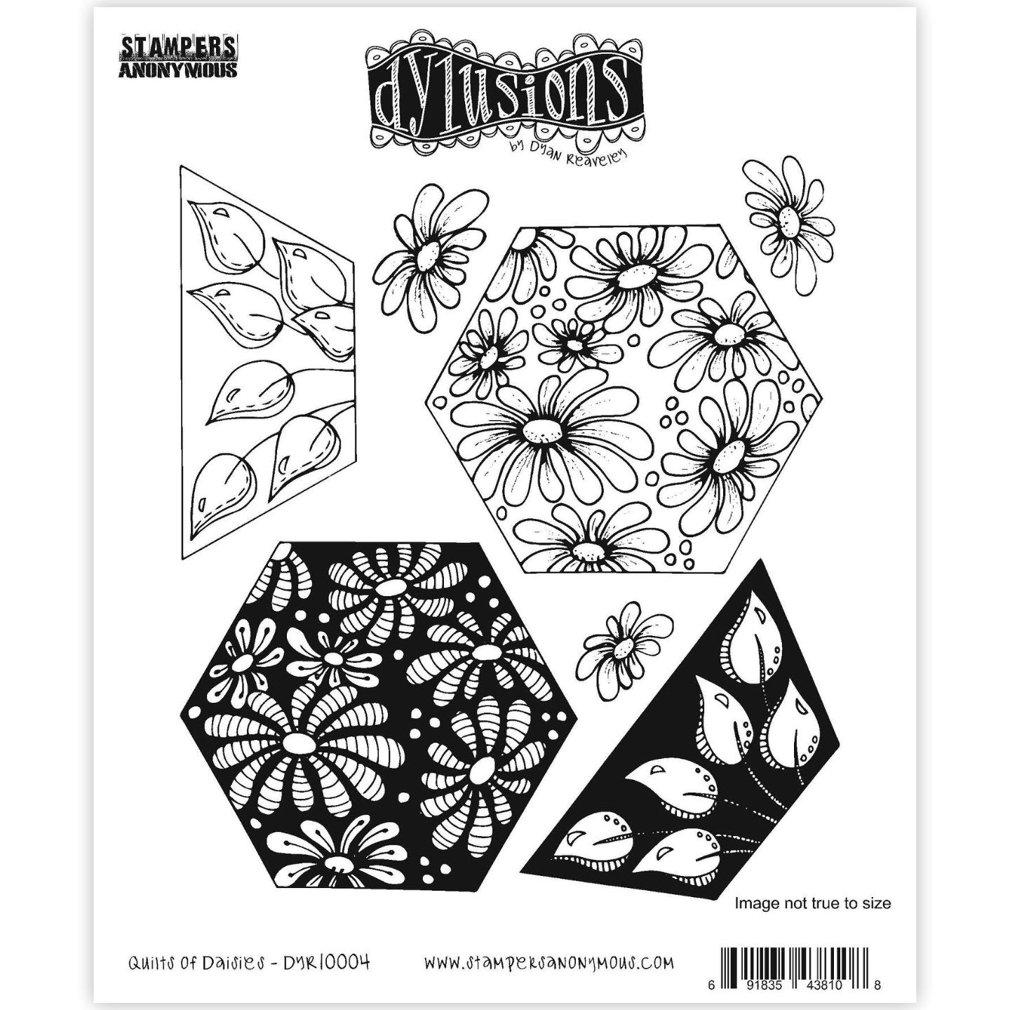 Quilts of Daisies ... rubber stamp set - Dylusions by Dyan Reaveley (DYR10004). 7 (seven) designs for use in mixed media, art journaling, stamping on fabrics, papercrafts, visual arts of all kinds. This set includes stamps featuring leaves and flowers - 2 large hexagon blocks (daisies in outlines and solids with patterns), 2 half hexagon pieces(leaves in oulines and solids) and 3 single daisies. The shapes match all the quilting style Dylusions stamps