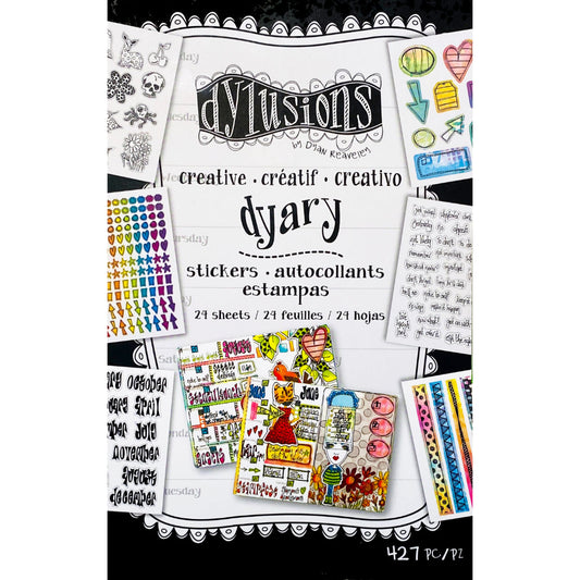 Dyary Sticker Book ... Dylusions by Dyan Reaveley - adhesive backed sheets of imagery in full colour and black on white and clear to use with planners, calendars, diaries, notebooks, journaling, cards, visual arts and papercrafts. 24 (twenty four) pages, 5" x 8 1/2" in size.
Dyan's unique handiwork, lettering, words, artwork and illustrations have been recreated smaller to fit all kinds of excuses to create.