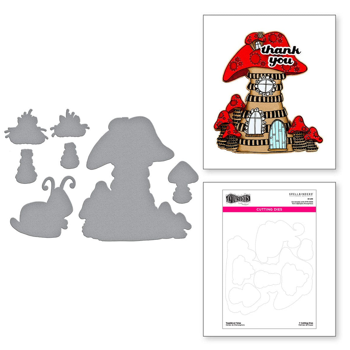 Etched Dies (die cutting templates) by Dyan Reaveley and Spellbinders Paper Arts ... Toadstool Tales (large mushroom house, snail and cat heads). Coordinating stamp sets are also available, sold separately. Original stamped designs by Dyan Reaveley are now easier to cut out than ever with these die cutting templates. Perfect for card making, tags, mixed media, art journaling, scrapbooking.  Picture of Toadstool Tales.