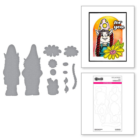 Etched Dies (die cutting templates) by Dyan Reaveley and Spellbinders Paper Arts ... Gnome Sweet Gnome. Coordinating stamp sets are also available, sold separately. Original stamped designs by Dyan Reaveley are now easier to cut out than ever with these die cutting templates. Perfect for card making, tags, mixed media, art journaling, scrapbooking. Picture of Gnome Sweet Gnome.