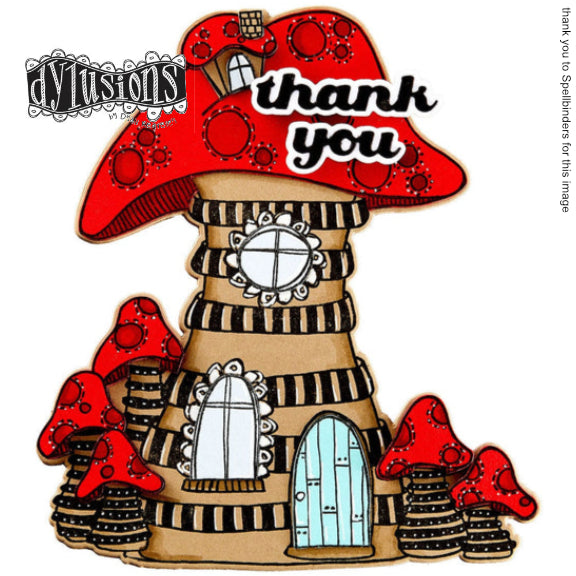 Toadstool Tales ... Dylusions Stamp Set (DYR10010). Original designs by Dyan Reaveley, made by Stampers Anonymous out of red rubber mounted on cling foam. Perfect for mixed media, art journaling, scrapbooking, stamping on fabrics, using in papercrafts, for visual arts of all kinds. 7 (seven) designs. This cool card by Spellbinders, is a shaped toadstool house, coloured in brown stripy walls and red caps with the words 'thank you' in modern script.