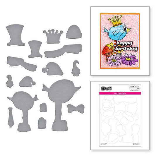 Etched Dies (die cutting templates) by Dyan Reaveley and Spellbinders Paper Arts ... Robin Couture (birds and their fashion accessories). Coordinating stamp sets are also available, sold separately. Original stamped designs by Dyan Reaveley are now easier to cut out than ever with these die cutting templates. Perfect for card making, tags, mixed media, art journaling, scrapbooking. Picture of Robin Couture.