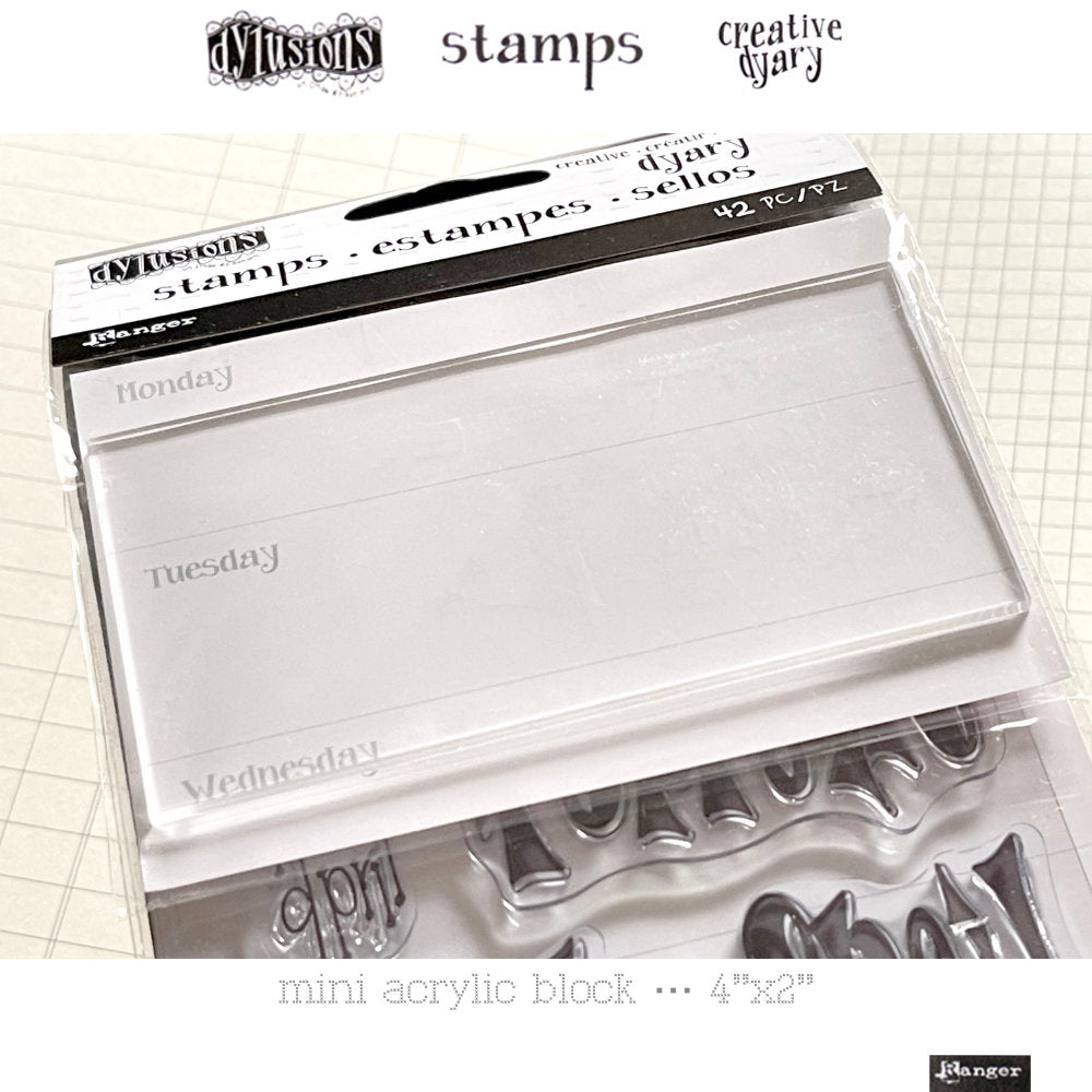 Calendar, Planner, Diary and Dyary Clear Stamps - Dylusions by Dyan Reaveley - High quality acrylic cling art stamps in a 42 (forty two) piece set with months, numbers, days in Dyan's signature typestyle plus a small acrylic block. Featuring 7 (seven) days of the week, numbers 0-9 and 12 (twelve) months of the year (January through to December), in two styles of Dyan's fantastic handwriting (elongated with dots, spots and swishes, plus bold thick thin with flair).