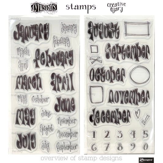 Calendar, Planner, Diary and Dyary Clear Stamps - Dylusions by Dyan Reaveley - High quality acrylic cling art stamps in a 42 (forty two) piece set with months, numbers, days in Dyan's signature typestyle plus a small acrylic block. Featuring 7 (seven) days of the week, numbers 0-9 and 12 (twelve) months of the year (January through to December), in two styles of Dyan's fantastic handwriting (elongated with dots, spots and swishes, plus bold thick thin with flair).