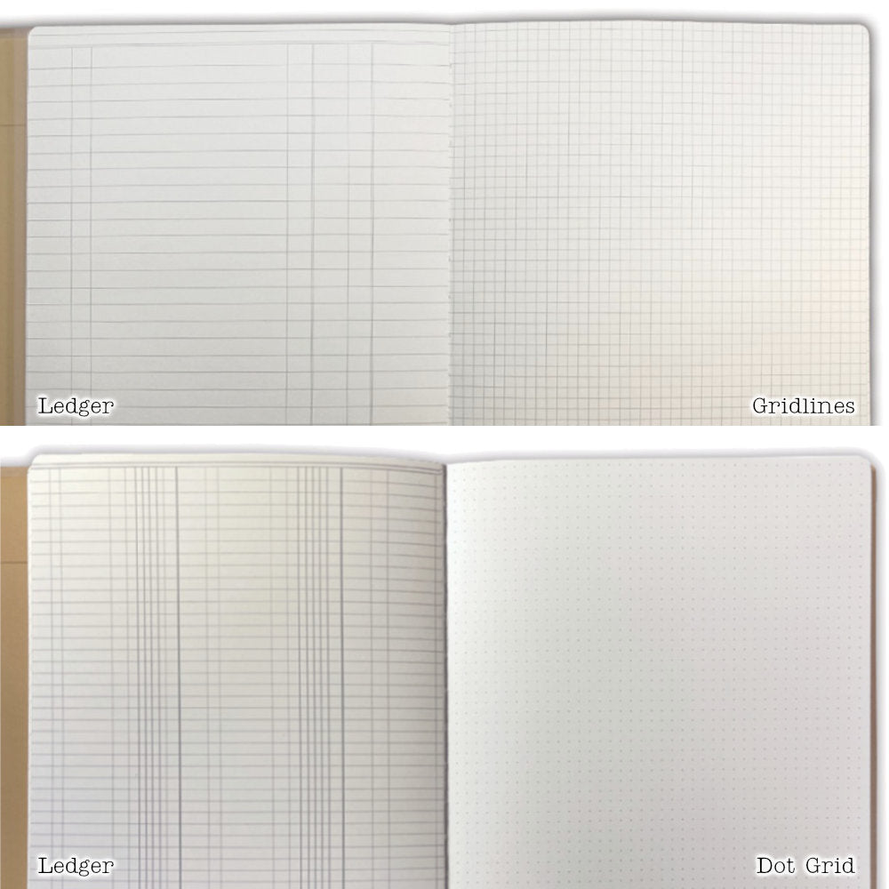 Dylusions Large Ledger Creative Journal - There are 4 different patterns throughout the book - dotted, graph (grid) and 2 ledgers. One pair of pages is ledger and dotted grid, the next pair is a different ledger and graph or grid. These 4 pages are repeated throughout, so every second right hand page is a dotted grid.