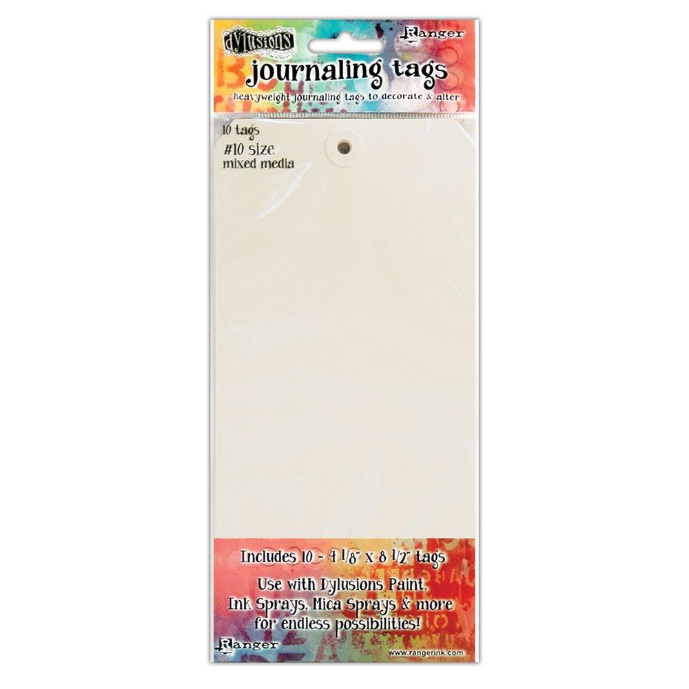 Mixed Media Tags, size 10 (4 1/8" x 8 1/2") ... by Dylusions and Dyan Reaveley, made by Ranger. - Ready made tags with reinforced hole and mitred top corners. Tags are made of a durable 110 lb creamy coloured heavyweight cardstock, each 4 1/8" x 8 1/2" in size. Pack of 10 sheets. Photo of original packaging.
