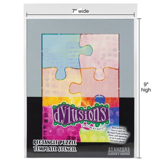 Stencil - Rectangle Puzzle Frame with Jigsaw Pieces ... Dylusions by Dyan Reaveley. Medium sized plastic rectangular stencil and mask set, 7"x9" in size, to create layers in mixed media, art journaling, tracing jigsaw shapes, stenciling on fabrics, papercrafts, visual arts of all kinds. Create your own personalised puzzle inspired artwork! Make cards, invitations, journal pages, a customised working jigsaw puzzle, a display piece or inside an altered book.