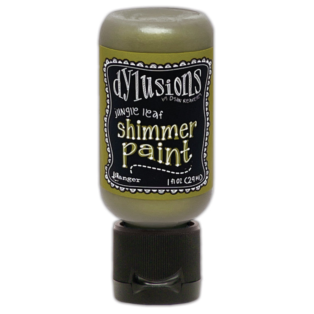 Jungle Leaf (green) - Dylusions Shimmer Acrylic Paint by Dyan Reaveley and Ranger Ink ... Vibrant Mica Infused Pearlescent Gorgeous Colours - Flip Cap Bottle 1 fl oz (29ml). Dyan Reaveley's Dylusions acrylic paint is a beautiful sparkly shimmer. These are not simply a flash of iridescence or white pearl, these are colourful through and through! Smooth, blendable, waterbased acrylic paint, easy to use, quick drying, layerable.