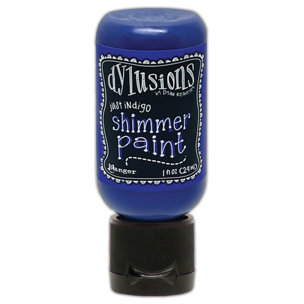 Just Indigo (deep blue) - Dylusions Shimmer Acrylic Paint by Dyan Reaveley and Ranger Ink ... Vibrant Mica Infused Pearlescent Gorgeous Colours - Flip Cap Bottle 1 fl oz (29ml). Dyan Reaveley's Dylusions acrylic paint is a beautiful sparkly shimmer. These are not simply a flash of iridescence or white pearl, these are colourful through and through! Smooth, blendable, waterbased acrylic paint, easy to use, quick drying, layerable.