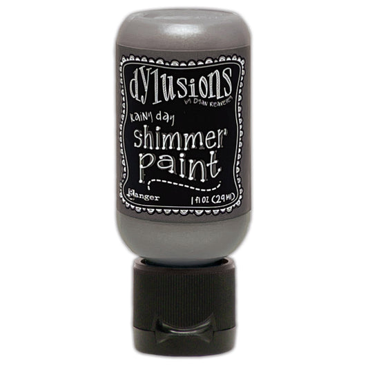 Rainy Day (grey, gray) - Dylusions Shimmer Acrylic Paint by Dyan Reaveley and Ranger Ink ... Vibrant Mica Infused Pearlescent Gorgeous Colours - Flip Cap Bottle 1 fl oz (29ml). Dyan Reaveley's Dylusions acrylic paint is a beautiful sparkly shimmer. These are not simply a flash of iridescence or white pearl, these are colourful through and through! Smooth, blendable, waterbased acrylic paint, easy to use, quick drying, layerable.