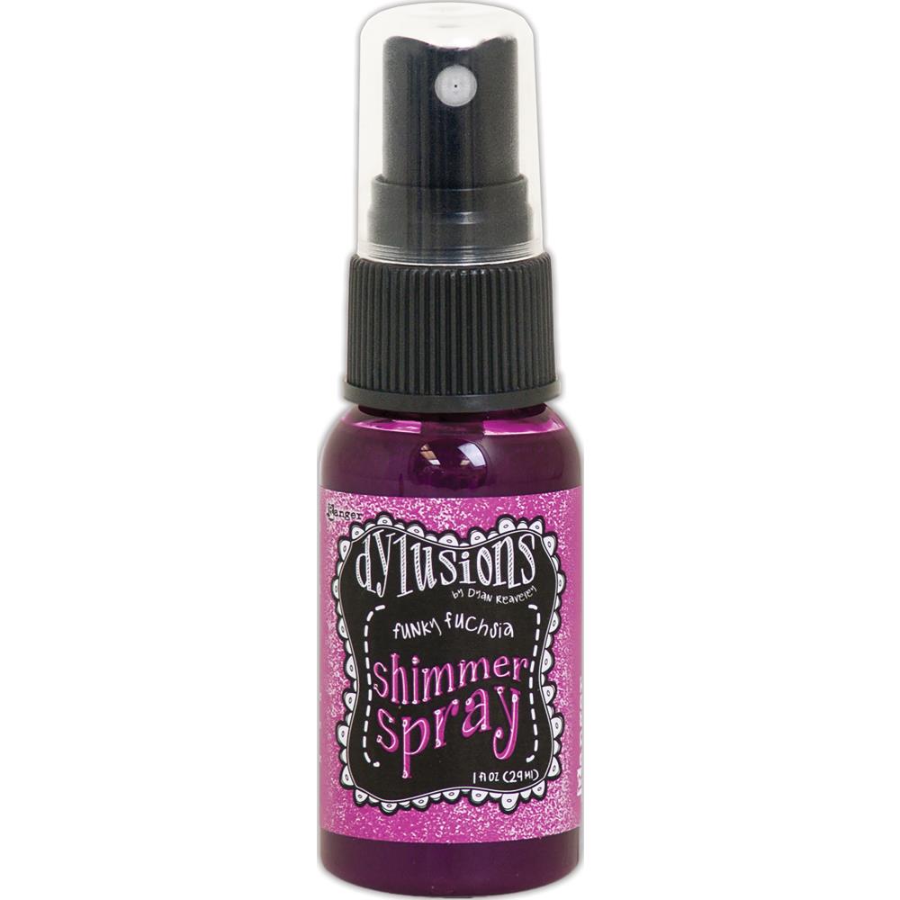 photo of Funky Fuchsia - Dylusions by Dyan Reaveley Shimmer Spray by Ranger . A gorgeous range of vibrant, mica rich, pearlescent and shimmery, colourful inks by Ranger. A watersoluble infusion of richly pigmented and or metallic mica blended into Dylusions ink with fine nozzle sprayer. Dylusions Shimmer Sprays are designed to meet Dyan Reaveley's specifications for art journaling and mixed media.