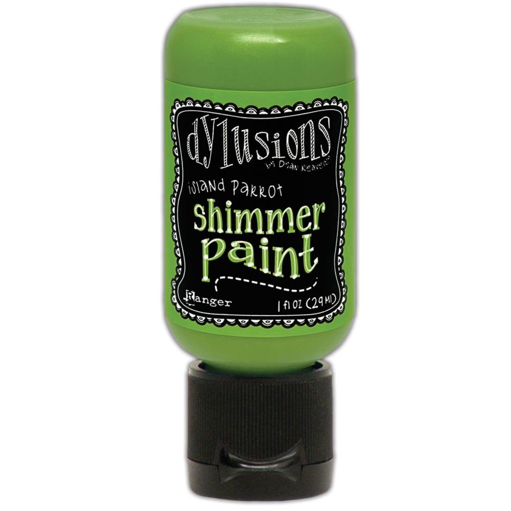 Island Parrot, green - Dylusions Shimmer Acrylic Paint by Dyan Reaveley ... Vibrant Mica Infused Pearlescent Gorgeous Colours - Flip Cap Bottle 1 fl oz (29ml). Dyan Reaveley's Dylusions acrylic paint is a beautiful sparkly shimmer. These are not simply a flash of iridescence or white pearl, these are colourful through and through! Smooth, blendable, waterbased acrylic paint, easy to use, quick drying, layerable.