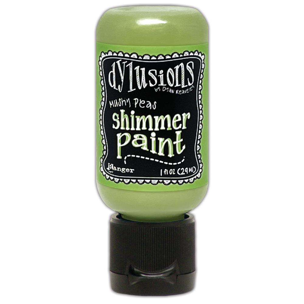 Mushy Peas - Dylusions Shimmer Acrylic Paint by Dyan Reaveley ... Vibrant Mica Infused Pearlescent Gorgeous Colours - Flip Cap Bottle 1 fl oz (29ml). Dyan Reaveley's Dylusions acrylic paint is a beautiful sparkly shimmer. These are not simply a flash of iridescence or white pearl, these are colourful through and through! Smooth, blendable, waterbased acrylic paint, easy to use, quick drying, layerable.