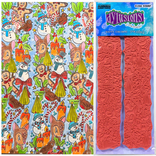 Dyan Reaveley's Dylusions Stampers Anonymous arty crafty example made by Dyan - on the left is a colourful page of deer, candles, snowmen, trees, candycanes and birds, made using Dylusions red rubber art stamps, Ranger Archival Black Marble ink pad and Dylusions Sticks & Caykes set 2 watercolour paints. On the right is a photo of the stamp set used to create this vibrant festive page.