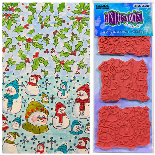 Dyan Reaveley's Dylusions Stampers Anonymous arty crafty example made by Dyan - on the left is a colourful page of holly and berries, snowmen and snowy spotty sparkles made using Dylusions red rubber art stamps, Ranger Archival Black Marble ink pad and Dylusions Sticks & Caykes set 2 watercolour paints. On the right is a photo of the stamp set used to create this vibrant festive page.