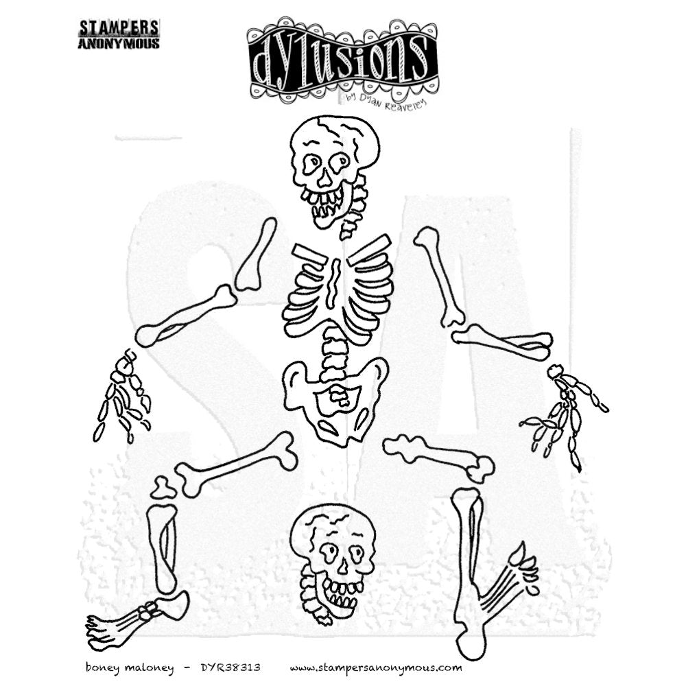 Boney Maloney ... Rubber Stamp Set - Dylusions by Dyan Reaveley (DYR38313). Red rubber stamps mounted with cling foam backing to use in journaling, collage, mixed media, arts and crafts, scrapbooking, stamping on fabrics, using in papercrafts, visual arts of all kinds. 7 (seven) pieces. Bones dem bones, dem groovy bones! All the bones to create a fun skeleton character in any posture you wish, plus two heads, one facing left and one facing right.