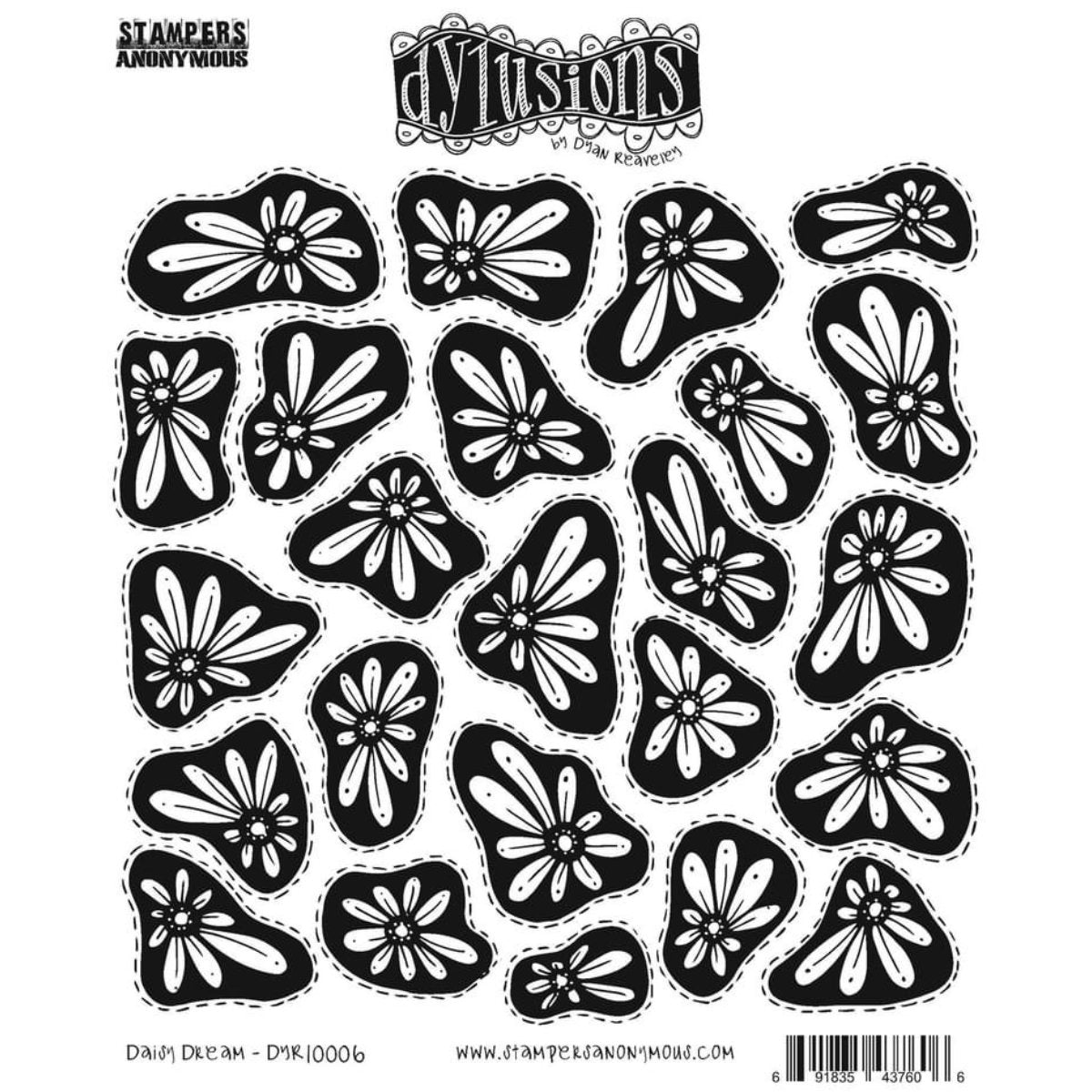 Daisy Dream ... rubber stamp set - Dylusions by Dyan Reaveley (DYR10006). 4 (four) designs in one for use in mixed media, art journaling, stamping on fabrics, papercrafts, visual arts of all kinds. Overall size is 6.5 inch square with cutout inner floral pieces (1 border, 2 singles, 1 background). Four designs in one, precut and ready to go ... a collected gathering of stone shaped designs featuring flowers (daisies) on a solid background and dashed (stitched) border.