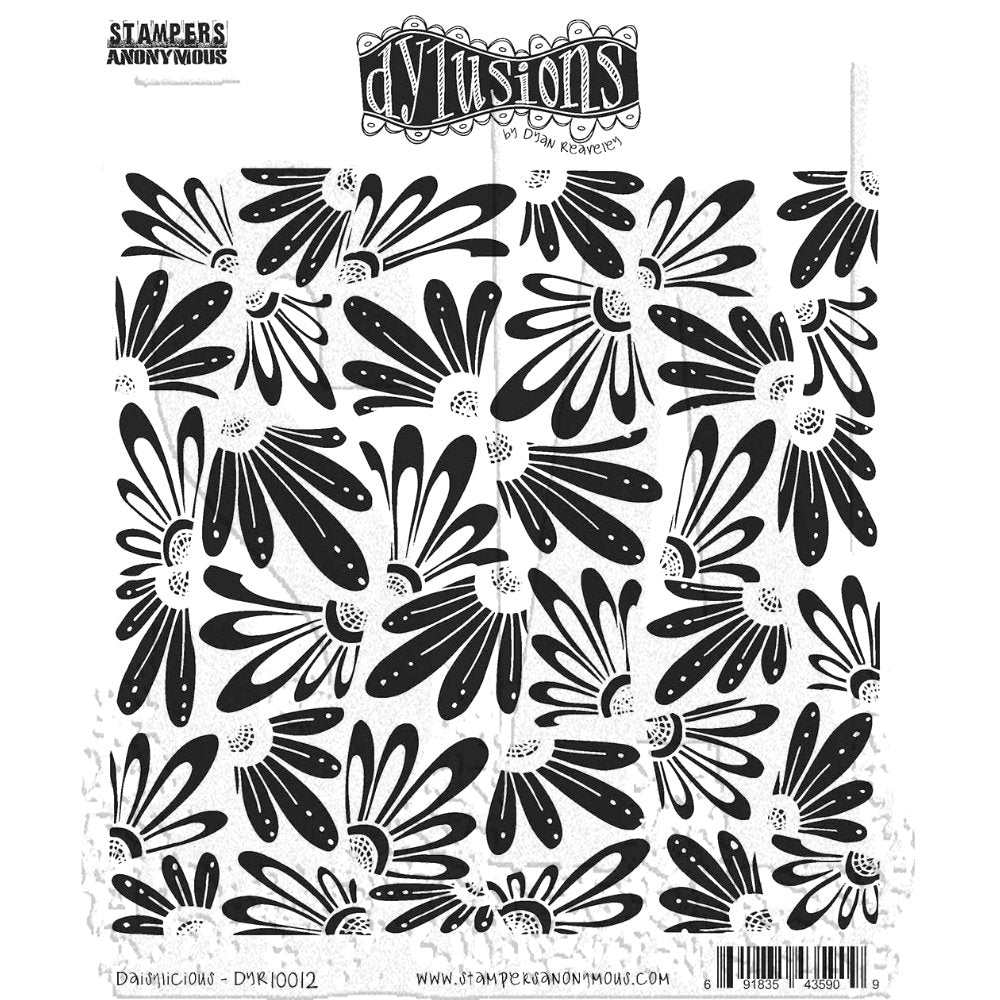Daisylicious ... rubber stamp set - Dylusions by Dyan Reaveley (DYR10012). 4 (four) designs in one for use in mixed media, art journaling, stamping on fabrics, papercrafts, visual arts of all kinds. Overall size is 6.5 inch square with cutout sections. Four designs in one, precut and ready to go ... a gathering of flower quartettes (daisies) in two styles, outline and solid. Use as one whole stamp or pull apart to print out each section separately, one at a time.