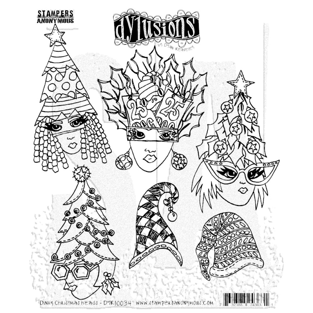Dinky Christmas Heads ... Dylusions by Dyan Reaveley Stamp Set (DYR10034). Decorative red rubber stamps made by Stampers Anonymous with cling foam backing. Perfect to use for mixed media, art journaling, scrapbooking, stamping on fabrics, using in papercrafts, for visual arts of all kinds. 6 (six) designs.