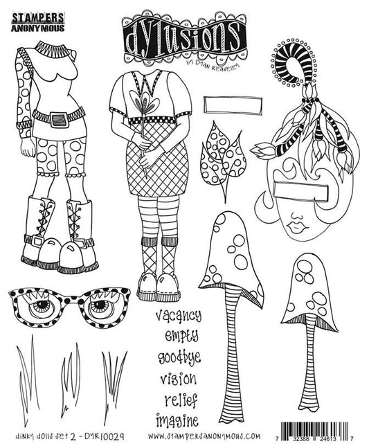 Dinky Dolls 2 ... Cling Stamps - Dylusions by Dyan Reaveley and Stampers Anonymous (DYR10029). Original designs by Dyan Reaveley, made by Stampers Anonymous out of red rubber mounted on cling foam. Perfect for mixed media, art journaling, scrapbooking, stamping on fabrics, using in papercrafts and visual arts of all kinds. 17 (seventeen) designs.