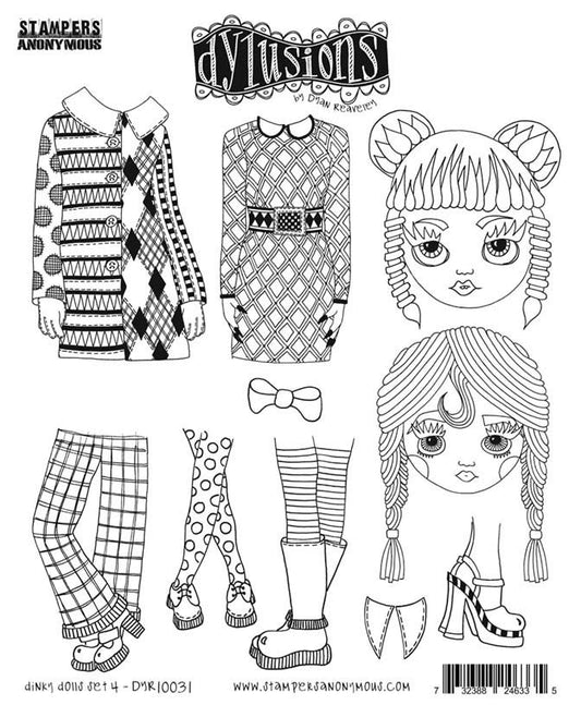 Dinky Dolls 4 ... Cling Stamps - Dylusions by Dyan Reaveley and Stampers Anonymous (DYR10031). Original designs by Dyan Reaveley, made by Stampers Anonymous out of red rubber mounted on cling foam. Perfect for mixed media, art journaling, scrapbooking, stamping on fabrics, using in papercrafts and visual arts of all kinds. 10 (ten) designs.