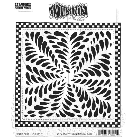 Fernilicious ... rubber stamp set - Dylusions by Dyan Reaveley (DYR10013). 6 (six) designs in one for use in mixed media, art journaling, stamping on fabrics, papercrafts, visual arts of all kinds.  Overall size is 6.5 inch square with cutout sections.  Six designs in one, precut and ready to go ... a beautiful leafy design that grows from the centre with triangular segments and a square frame. Use as one whole stamp or pull apart to print out each section separately, one at a time.