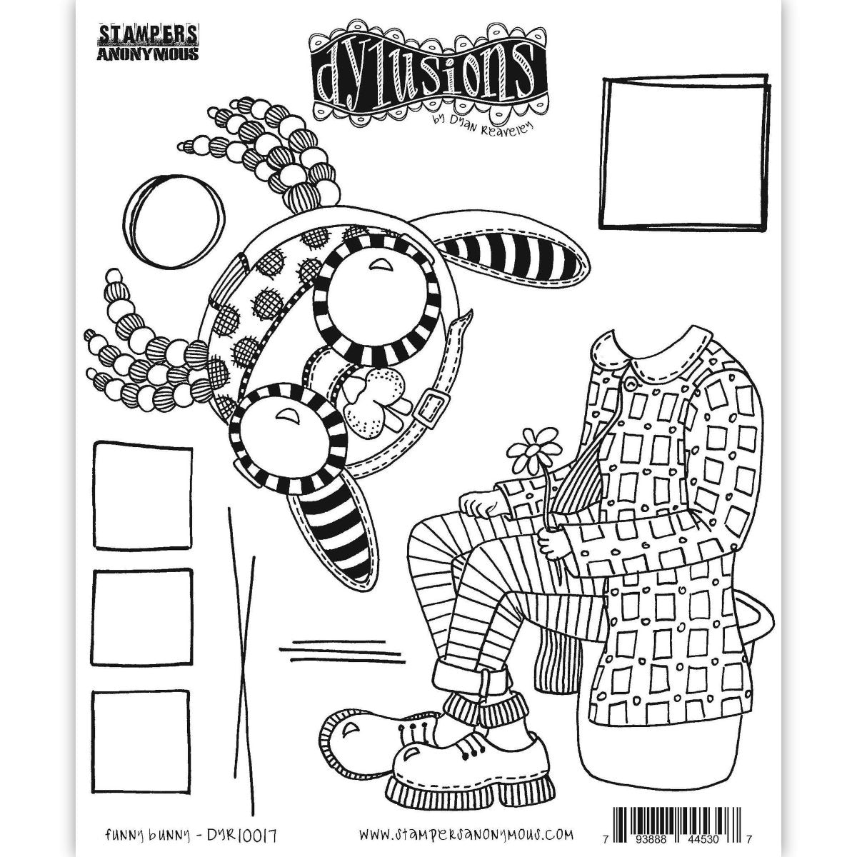 Funny Bunny Dylusions Stamp Set (DYR10017). Original designs by Dyan Reaveley, made by Stampers Anonymous out of red rubber mounted on cling foam. Perfect for mixed media, art journaling, scrapbooking, stamping on fabrics, using in papercrafts, for visual arts of all kinds. 7 (seven) designs. The designs in this set include a rabbit head wearing goggles with a hat or wig, a body wearing a long jacket with rounded collar, stripy trousers and shiny shoes. Plus squares, lines and a circle.