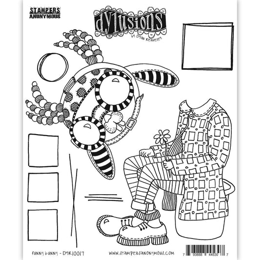 Funny Bunny Dylusions Stamp Set (DYR10017). Original designs by Dyan Reaveley, made by Stampers Anonymous out of red rubber mounted on cling foam. Perfect for mixed media, art journaling, scrapbooking, stamping on fabrics, using in papercrafts, for visual arts of all kinds. 7 (seven) designs.  The designs in this set include a rabbit head wearing goggles with a hat or wig, a body wearing a long jacket with rounded collar, stripy trousers and shiny shoes. Plus squares, lines and a circle.
