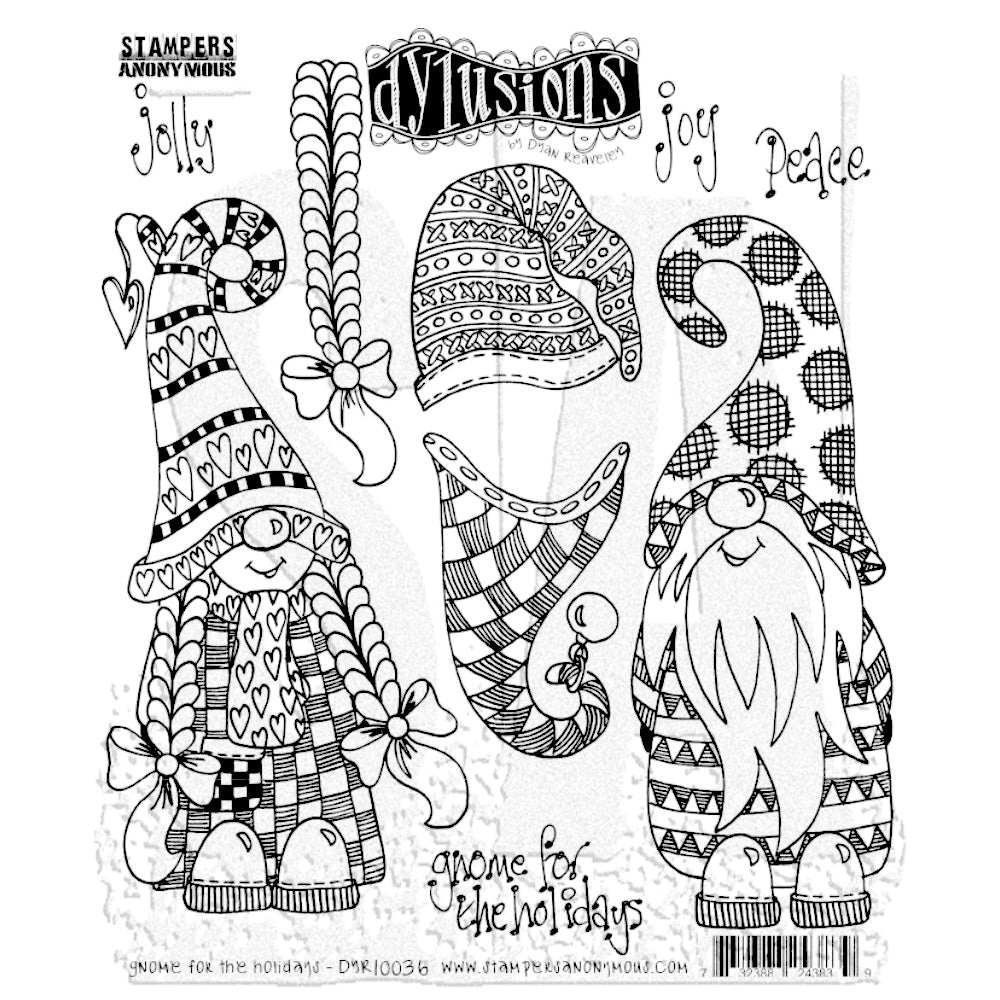 Gnome for the Holidays ... Dylusions by Dyan Reaveley Stamp Set (DYR10036). Decorative red rubber stamps made by Stampers Anonymous with cling foam backing. Perfect to use for mixed media, art journaling, scrapbooking, stamping on fabrics, using in papercrafts, for visual arts of all kinds. 9 (nine) designs. Dyan's designs in this set of stamps include two gnome friends with hats, accessories and words in Dyan's writing - jolly, joy, peace, gnome for the holidays.