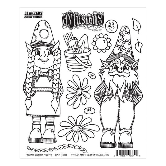 Gnome Sweet Gnome ... Dylusions Stamp Set (DYR10011). Original designs by Dyan Reaveley, made by Stampers Anonymous out of red rubber mounted on cling foam. Perfect for mixed media, art journaling, scrapbooking, stamping on fabrics, using in papercrafts and visual arts of all kinds. 12 (twelve) designs.  These fun and whimsical designs include two large gnomes, a female and male, each standing tall and facing forwards, plus flowers, bucket and gardening tools, leaves, row of hearts and smiley faces.