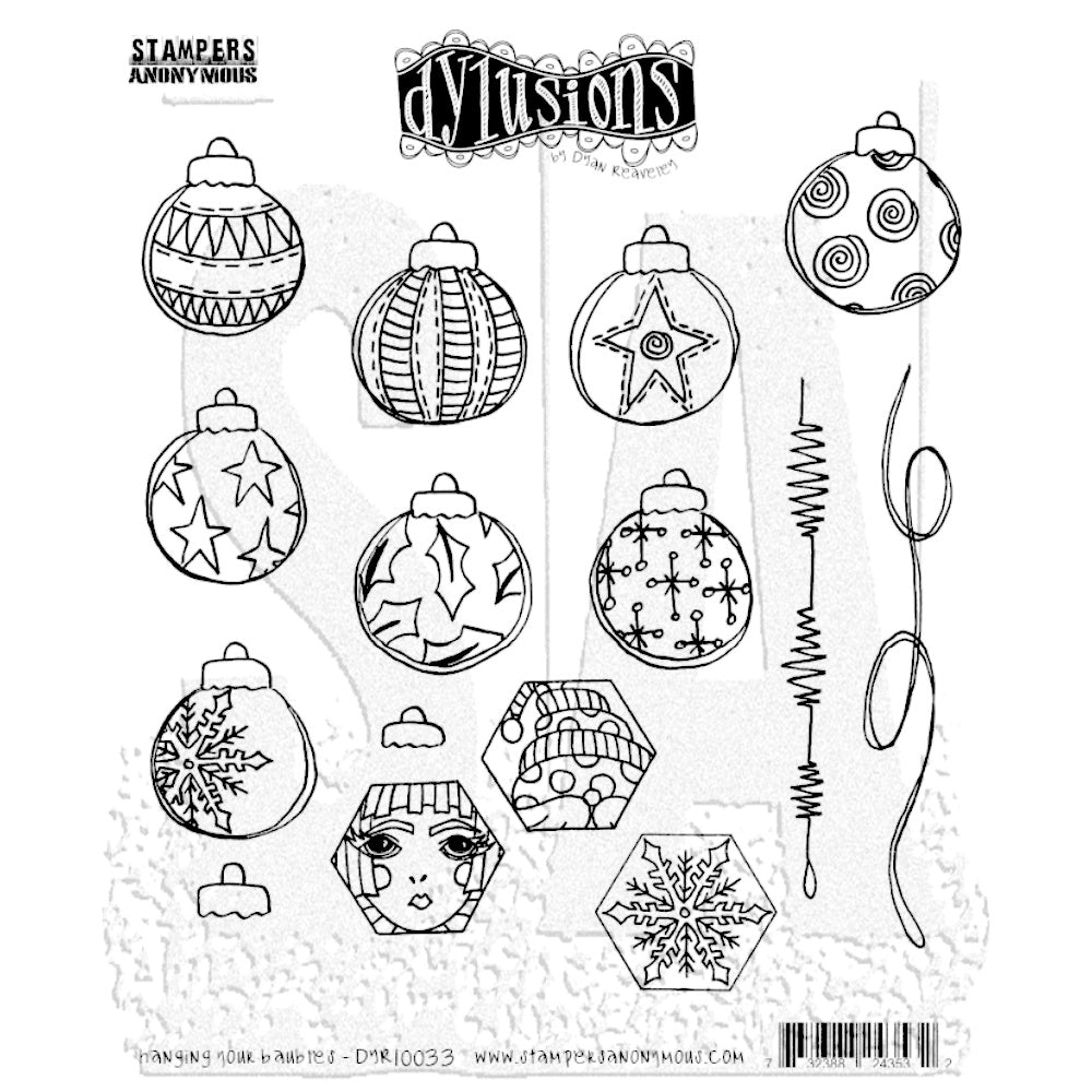 Rock Your Christmas ... Dylusions by Dyan Reaveley Stamp Set (DYR10033). Decorative red rubber stamps made by Stampers Anonymous with cling foam backing. Perfect to use for mixed media, art journaling, scrapbooking, stamping on fabrics, using in papercrafts, for visual arts of all kinds. 15 (fifteen) designs featuring round festive baubles, hexagons and lengths of wire or ribbon.