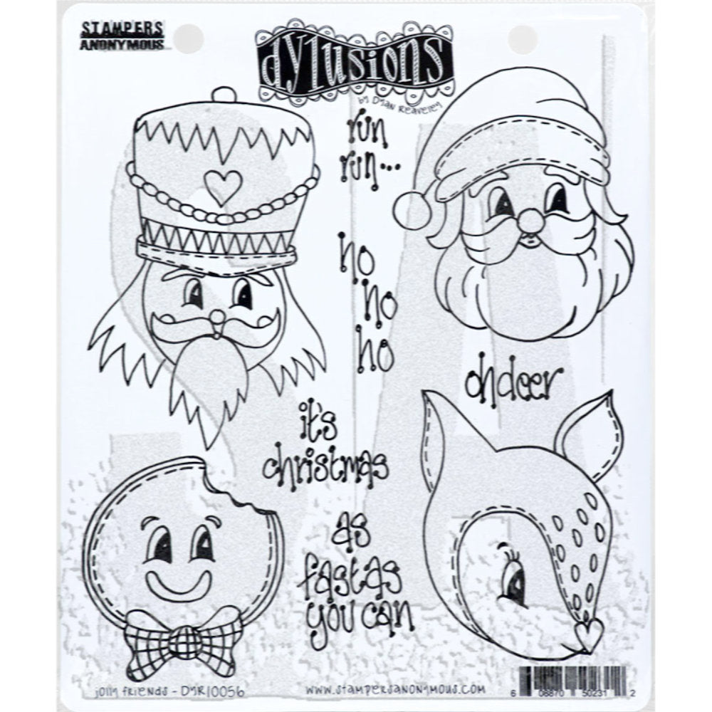 Dyan Reaveley's Dylusions Stampers Anonymous product image for "Jolly Friends" DYR10056 - red rubber cling foam mounted art stamps featuring original illustrations drawn by Dyan Reaveley in the spirit of Christmas. This set includes 4 (four) heads of musician, Santa, Gingerbread man and a deer (fawn, Rudolf, Bambi), with words of run run, ho ho ho, oh deer, its' Christmas, as fast as you can.