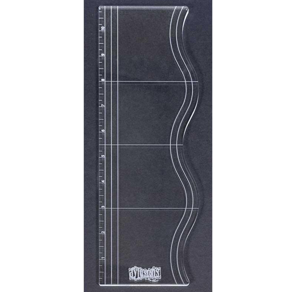Long Journaling and Stamping Block with Scallop Edge, Ruler and Guides - by Dyan Reaveley's Dylusions ... an 11" x 4" clear acrylic stamping block for using long and large stamps for art journaling, mixed media, painting, bullet journaling, scrapbooking, papercrafts and visual arts. Size : 11" long, 3 1/4" to 4" wide and approx 4mm thick. It has a wavy edge with wavy markings and has inches marked down the straight edge. Made by Stampers Anonymous for Dyan Reaveley and Dylusions.