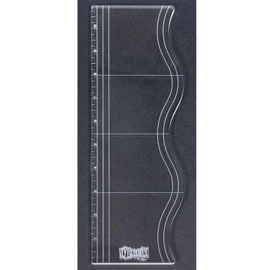 Long Journaling and Stamping Block with Scallop Edge, Ruler and Guides - by Dyan Reaveley's Dylusions ... an 11" x 4" clear acrylic stamping block for using long and large stamps for art journaling, mixed media, painting, bullet journaling, scrapbooking, papercrafts and visual arts. Size : 11" long, 3 1/4" to 4" wide and approx 4mm thick. It has a wavy edge with wavy markings and has inches marked down the straight edge. Made by Stampers Anonymous for Dyan Reaveley and Dylusions.