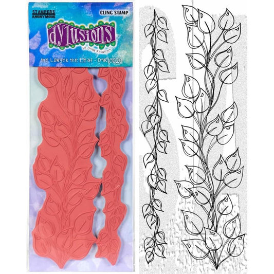 The Longer The Leaf ... Dylusions Stamp Set (DYR10020). Original designs by Dyan Reaveley, made by Stampers Anonymous out of red rubber mounted on cling foam. Perfect for mixed media, art journaling, scrapbooking, stamping on fabrics, using in papercrafts, for visual arts of all kinds. 2 (two) designs.  The designs in this set include two beautiful long leafy vines with leaves growing along twigs and stems. Use the whole design or stamp out a few leaves at a time, whichever works for you :) Approx 11" long