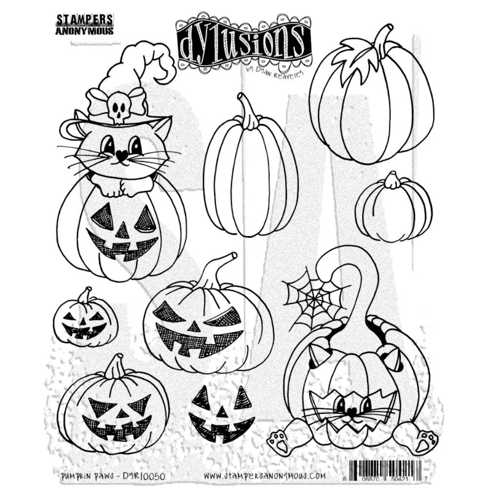 This rubber stamp set is called "Pumpkin Paws" DYR10050 with cats and pumpkins. Part of the new release of designs from Dylusions by Dyan Reaveley in the theme of Halloween, ghosts, witch's shoes and brooms, pumpkins, cats, wings, hats, flying bats, bottles, spooky sayings, fabulous house, as images, borders and backgrounds. For sale at Art by Jenny in Australia.