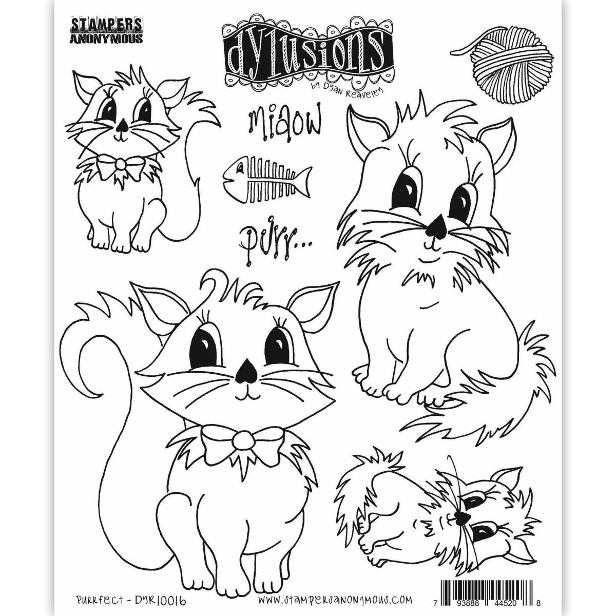 Purrfect Dylusions Stamp Set (DYR10016). Original designs by Dyan Reaveley, made by Stampers Anonymous out of red rubber mounted on cling foam. Perfect for mixed media, art journaling, scrapbooking, stamping on fabrics, using in papercrafts, for visual arts of all kinds. 8 (eight) designs. The designs in this set include an adorable cat in 2 poses with kittens in the same pose - all with beautiful fluffy tails, long whiskers and big 'love me' eyes. They have a ball of yarn, fish bone and 2 words.