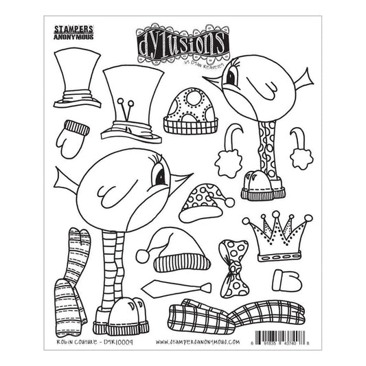 Robin Couture ... Dylusions Stamp Set (DYR10009). Original designs by Dyan Reaveley, made by Stampers Anonymous out of red rubber mounted on cling foam. Perfect for mixed media, art journaling, scrapbooking, stamping on fabrics, using in papercrafts and visual arts of all kinds. 16 (sixteen) designs.  These fun and whimsical designs include a pair of long legged feathered friends (birds) facing in opposite directions, plus a whole stash of their favourite fashion accessories to wear.