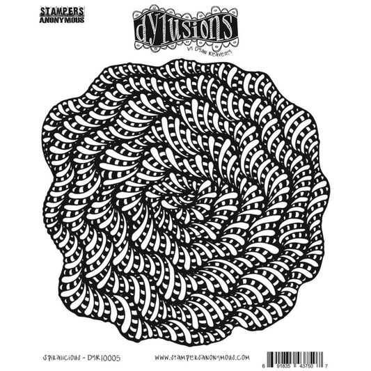 Spiralicious ... rubber stamp - Dylusions by Dyan Reaveley (DYR10005). 1 (one) large spiral tangle styled design to use in mixed media, art journaling, stamping on fabrics, papercrafts, visual arts of all kinds. Overall size is 6.5 inch x 6.5 inch.   One big beautiful hand drawn tangle which spirals out from the centre to look like a large flower or curled up pretty hose! Perfect for use to make backgrounds, windows or doors in pages, stamp and colour then cut out to make lovely spiral