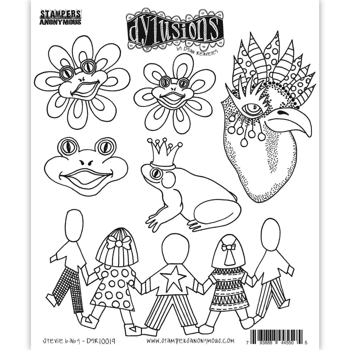 Stevie Baby ... Dylusions Stamp Set (DYR10019). Original designs by Dyan Reaveley, made by Stampers Anonymous out of red rubber mounted on cling foam. Perfect for mixed media, art journaling, scrapbooking, stamping on fabrics, using in papercrafts, for visual arts of all kinds. 6 (six) designs. The designs in this set includes frog faces in flowers, a smiling frog, a sitting frog wearing a crown, a beautiful hen portrait and row of paper dolls.