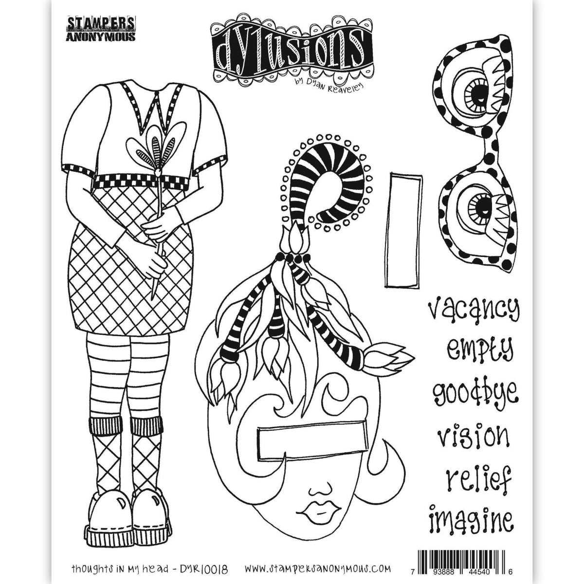 Thoughts in my Head ... rubber stamp set - Dylusions by Dyan Reaveley (DYR10018). 5 (five) original designs for use in mixed media, art journaling, stamping on fabrics, papercrafts, visual arts of all kinds. This wonderfully versatile set of easy to use cling foam mounted red rubber stamps are designed by Dyan Reaveley. They are trimmed and ready to use straight out of the packet, complete with a storage sheet.